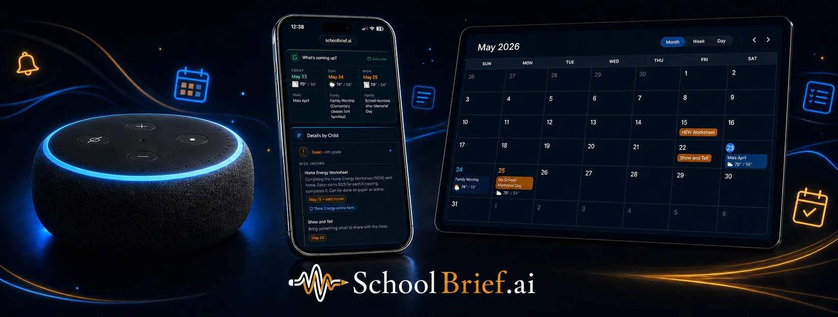 SchoolBrief on Echo, phone, and tablet — the daily brief and family calendar on every device