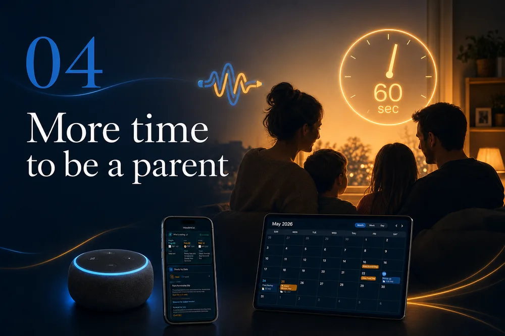 Step 4 — More time to be a parent: a family on the couch together while the 60-second brief handles the school email